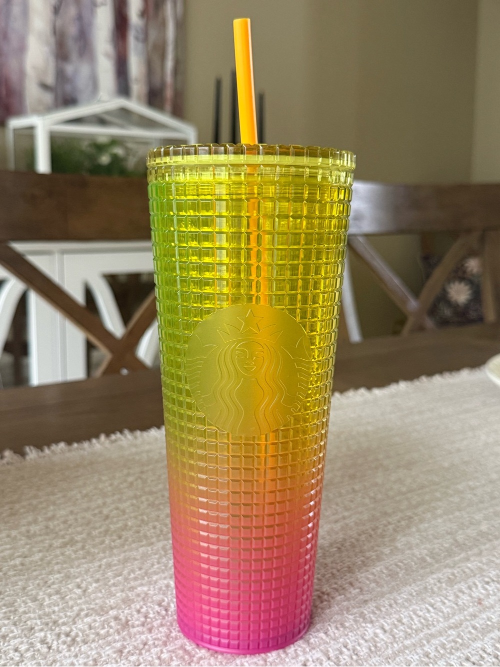 Starbucks Summer 2022 Yellow and Pink Ombre Grid Venti Cold Cup 24 Oz
